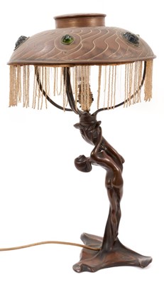 Lot 724 - Art Nouveau bronzed naked female table lamp with metal shade 
and moulded glass jewels.