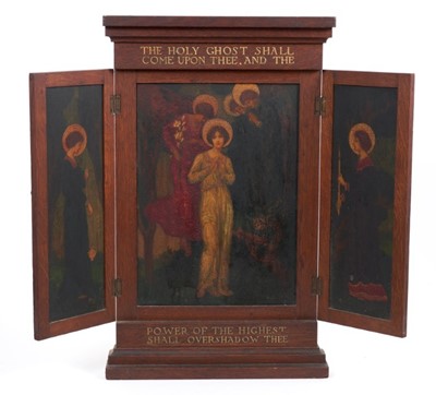 Lot 700 - Follower of Edward Coley Burne-Jones, oak triptych - The Holy Ghost Shall Come 
Upon Thee.
