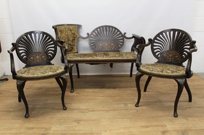 Lot 1308 - Edwardian inlaid mahogany salon suite comprising shell shaped 
pierced back panel and pair elbow chairs.
