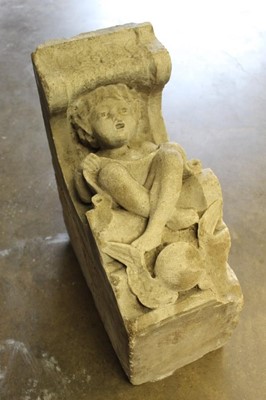 Lot 1309 - Historic Arts & Crafts carved stone corbel decorated with angelic figure 
rescued from C. R. Ashbee’s house, Cheyne Walk when 
demolished.