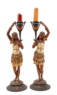 Lot 743 - Pair of Continental cold painted candlesticks