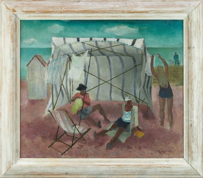 Lot 1133 - *James Fitton (1899-1982) oil on board - ‘The Beach Tent, Swanage’, c.1933, with exhibition catalogues