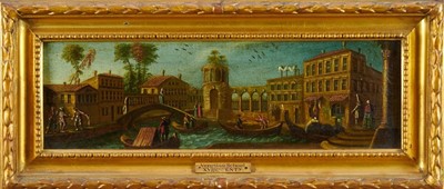 Lot 1173 - Venetian school, 17th century, pair of oils on canvas - canal scene with 
harlequins and horsemen at a bridge, both 37cm x 11cm in gilt frames (2)