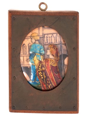 Lot 714 - Circle of Pheobe Anna Traquair  (1852-1936)  enamelled plaque, mediaeval figures 
in metalwork frame.