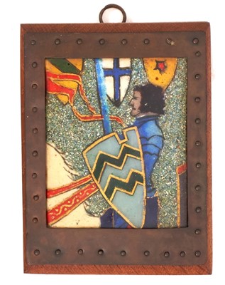Lot 715 - Manner of Pheobe Anna Traquair (1852-1936) enamelled plaque, knight, in metalwork 
frame.