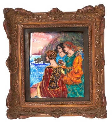 Lot 716 - Manner of Pheobe Anna Traquair (1852-1936) enamelled plaque, mediaeval figural 
group, in metalwork frame.