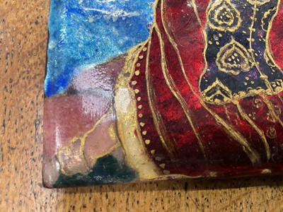 Lot 716 - Manner of Pheobe Anna Traquair (1852-1936) enamelled plaque, mediaeval figural 
group, in metalwork frame.