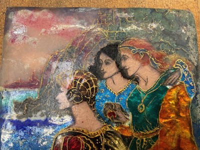 Lot 716 - Manner of Pheobe Anna Traquair (1852-1936) enamelled plaque, mediaeval figural 
group, in metalwork frame.