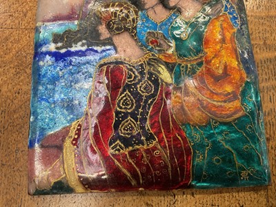 Lot 716 - Manner of Pheobe Anna Traquair (1852-1936) enamelled plaque, mediaeval figural 
group, in metalwork frame.