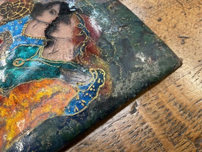 Lot 716 - Manner of Pheobe Anna Traquair (1852-1936) enamelled plaque, mediaeval figural 
group, in metalwork frame.