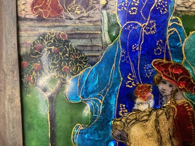 Lot 713 - Manner of Pheobe Anna Traquair  (1852-1936), enamelled plaque, mediaeval figural 
group.