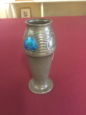Lot 731 - Archibald Knox for Liberty style pewter and cabochon enamel vase