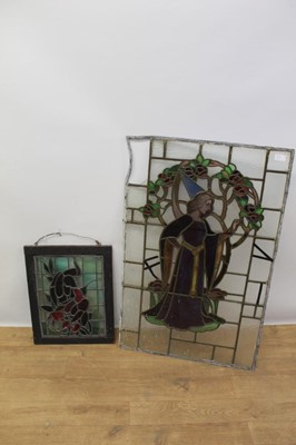 Lot 1334 - Early 20th century stained glass with mediaeval figure and another 
with parrot.