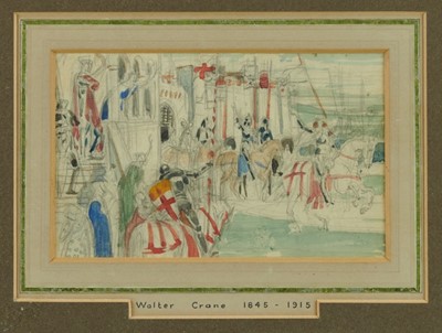 Lot 1293 - Walter Crane (1845- 1915) pencil and watercolour sketch- Chivalric scene.