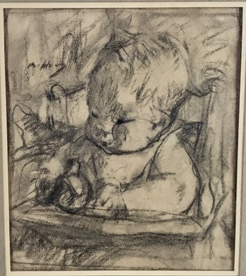 Lot 83 - Charcoal sketch of a baby indistinctly signed, 19cm x 22cm in glazed frame