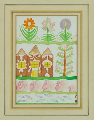 Lot 1215 - *Scottie Wilson (1889 -1972) watercolour study depicting flowers, buildings, birds and fish