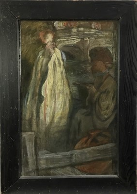 Lot 203 - English school late 19th century pastel signed with initials EP - figures beside a river, 43cm x 70cm in glazed frame