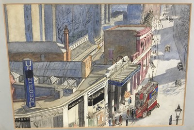 Lot 95 - English School watercolour scene South Kensington with London bus, 25cm x 34cm