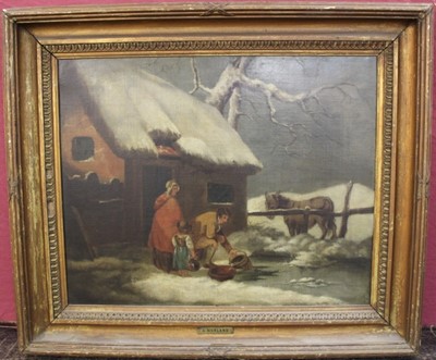 Lot 1125 - After George Morland, oil on canvas - rural scene with figures 
and snow, 55cm x 45cm in gilt frame