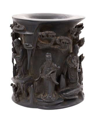 Lot 755 - Finely carved Chinese hardwood brush pot, 18th/19th century, carved in high relief with immortals and landscapes