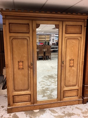 Lot 1324 - Good quality Edwardian ash bedroom suite comprising:  triple 
wardrobe, dressing table and mirror and bedroom chair.