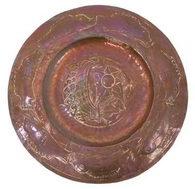 Lot 721 - Fine late 19th/early 20th century Newlyn copper embossed charger in the manner of John Pearson 
but unsigned.