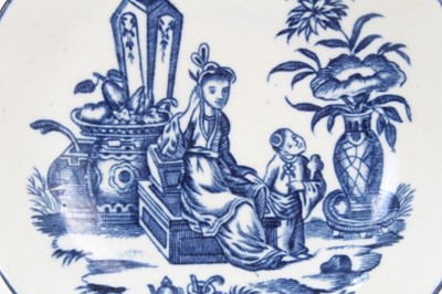 Lot 7 - A Worcester blue and white tea bowl and saucer, circa 1775-85, printed with the Mother and Child pattern, the saucer blue-lined and measuring 12.5cm diameter