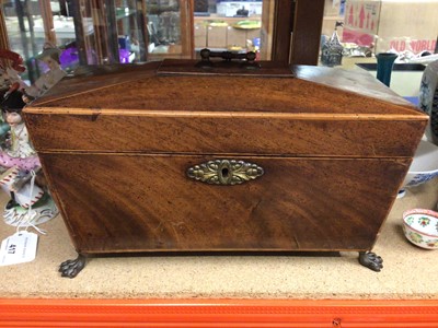 Lot 418 - Regency mahogany sarcophagus shape tea caddy, vintage top hat in case and a pewter jug