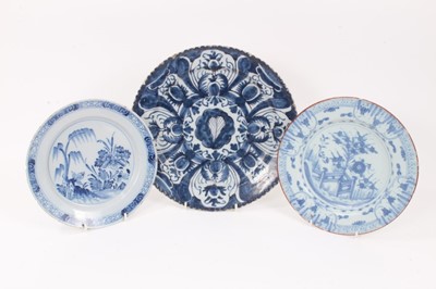 Lot 15 - Two 18th century blue and white English/Dutch delftware dishes, together with a larger delftware dish with piercrust rim measuring 29.5cm diameter (3)