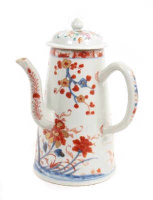 Lot 26 - An 18th century Chinese Imari style chocolate pot, decorated with carp and flowers, with contemporary but non-matching cover,  22cm high