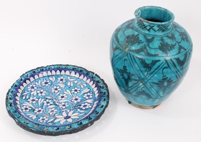 Lot 28 - An Eastern turquoise-glazed pottery vase, 27cm high, and a similar dish painted with flowers (2)