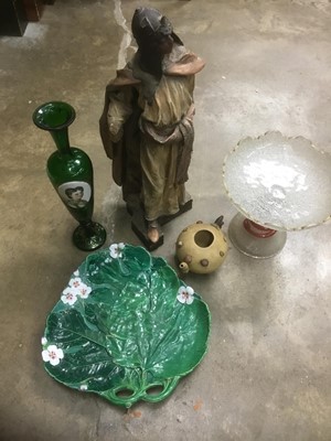 Lot 154 - Ceramics including Oriental biscuit glaze teapot, glass tazza, bohemian glass vase, majolica dish, arab figure