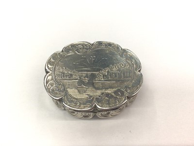 Lot 245 - Early Victorian silver castle top vinaigrette of shaped oval form, sunset river scene.