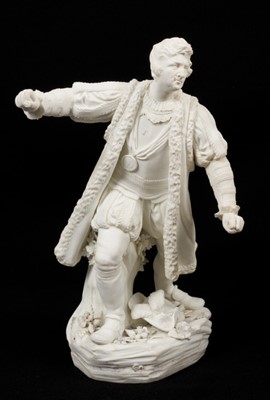 Lot 43 - A Derby bisque figure of David Garrick as Richard III, after the portrait by Nathaniel Dance, incised marks and model number 21 to base, 26cm high