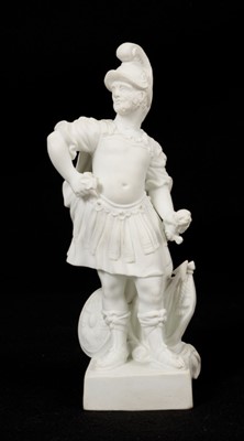 Lot 45 - A Derby bisque figure of Mars, late 18th/early 19th century, shown standing on a square base, incised model number 114 to base, 18cm high