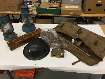 Lot 766 - First World War Princess Mary Christmas Gift Tin together with a Second World War ARP Plasfort helmet, swagger stick, whistle, lamps and related items.