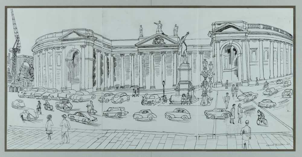 Lot 950 - *Edward Bawden (1903-1989) pen and ink drawing – Bank of Ireland, signed and dated 1963, in glazed frame
