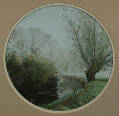 Lot 953 - *Margaret Glass circular pastel - River Deben near Cretingham, 1979, initialled, in 
glazed frame
