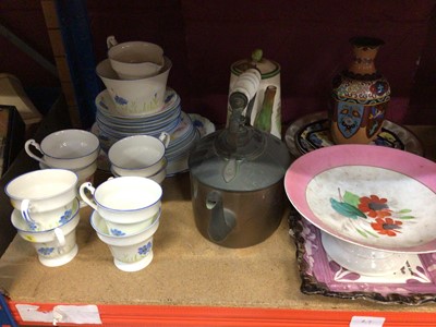 Lot 827 - Cooling wood tea set, coronation mugs, china and sundries including pair of wooden shoe trees (2 shelves)