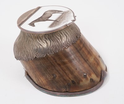 Lot 1114 - Fine George V silver and enamel mounted horse hoof inkwell, the hinged lid with enamelled panel depicting a horse named 'Pet'