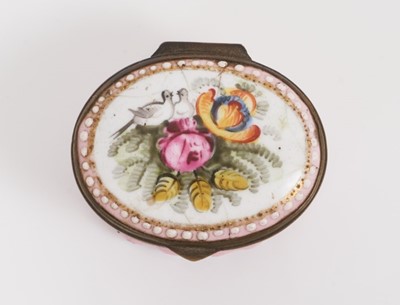 Lot 786 - A South Staffordshire pink ground patch box – flowers and doves