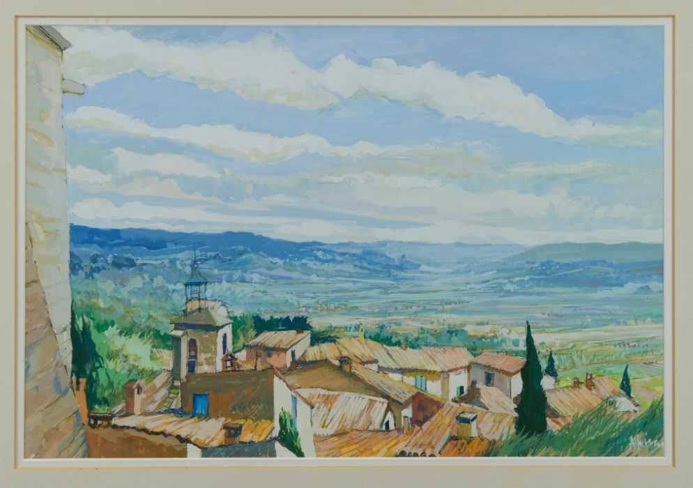 Lot 958 - Anthony Atkinson (1929-2014) gouache - Provençal Landscape, Rooftops of Le Barroux, signed, in glazed frame