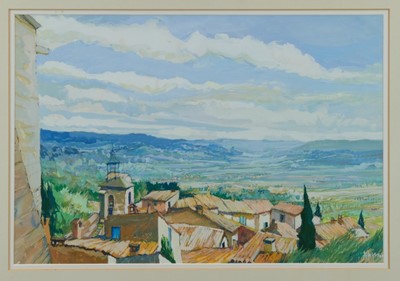 Lot 958 - Anthony Atkinson (1929-2014) gouache - Provençal Landscape, Rooftops of Le Barroux, signed, in glazed frame