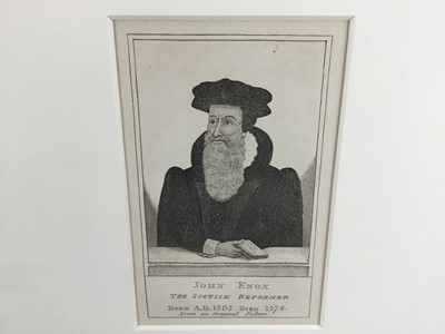 Lot 222 - Antique black and white engraving - portrait of John Knox, The Scottish Reformer, 15cm x 9.5cm, overall framed size 43cm x 33cm, together with an engraving after Sir David Wilkie depicting John Kno...