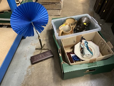 Lot 242 - Victorian folding portable face screen in original fitted leather box, Royal Doulton Night Watchman jug, Royal Doulton Gandalf figure, costume jewellery, bijouterie and sundries