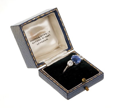 Lot 408 - A fine sapphire and diamond three stone ring