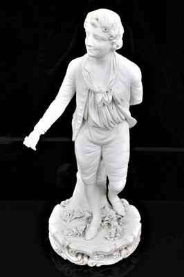 Lot 57 - A Derby bisque figure of a gardener, late 18th/early 19th century, shown standing on a scrollwork base, incised model number 361, 26cm high