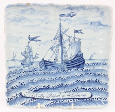 Lot 79 - A late 18th century Dutch blue and white delftware plaque, painted with fishing boats and bearing the inscription 'No 5 De Buysch op de Neering', mark on the back for De Porceleyne Bijl (The Porcel...