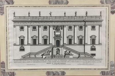 Lot 55 - Two antique black and white engravings - Italian Palazzos, in decorative marbled mounts and painted frames