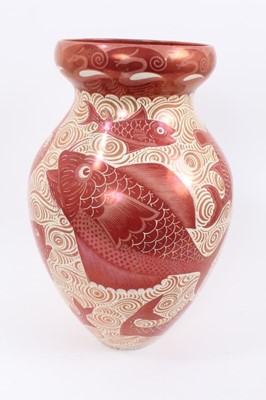 Lot 147 - A William de Morgan ruby lustre fish vase